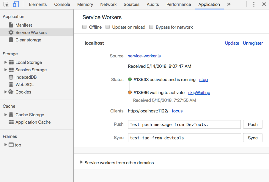 Service Worker waiting - Chrome Developer Tools