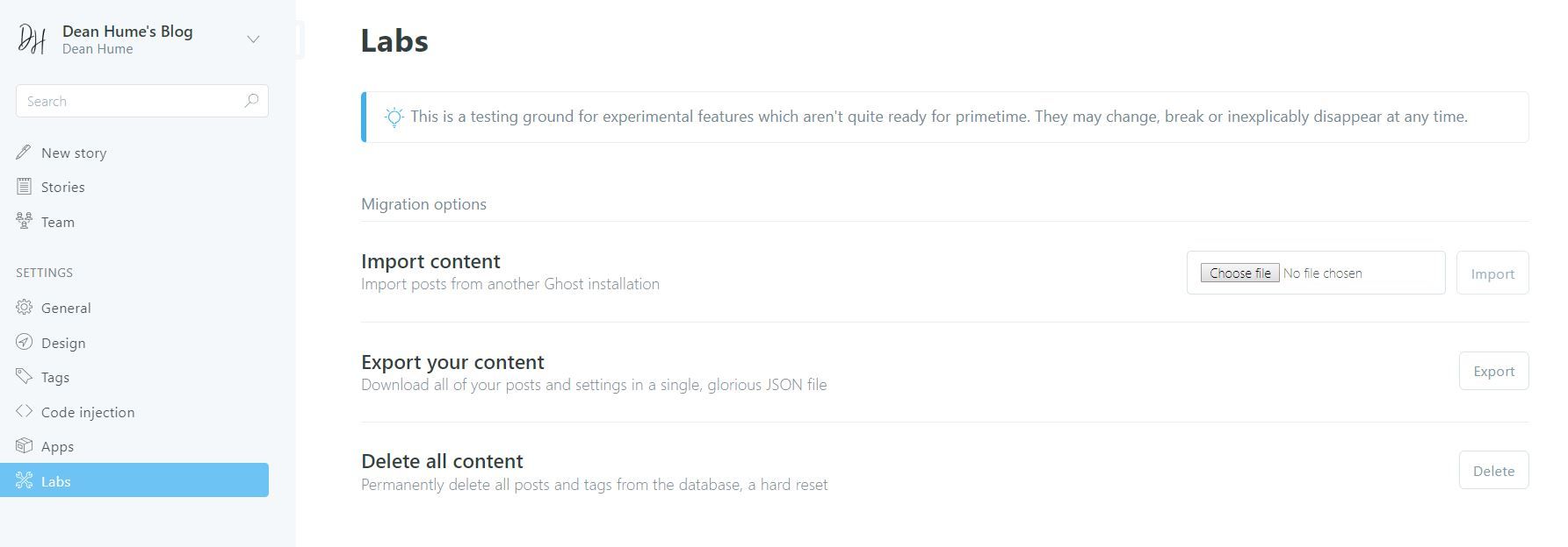 Ghost Admin Export Contents