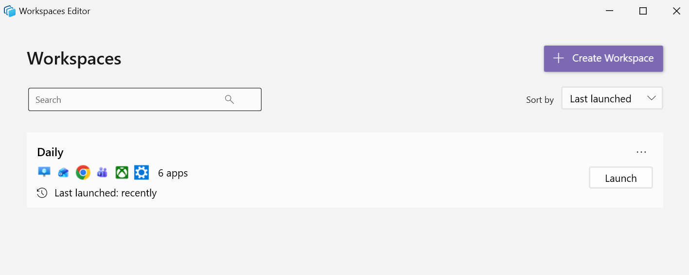 PowerToys Workspaces Editor showing a saved daily workspace